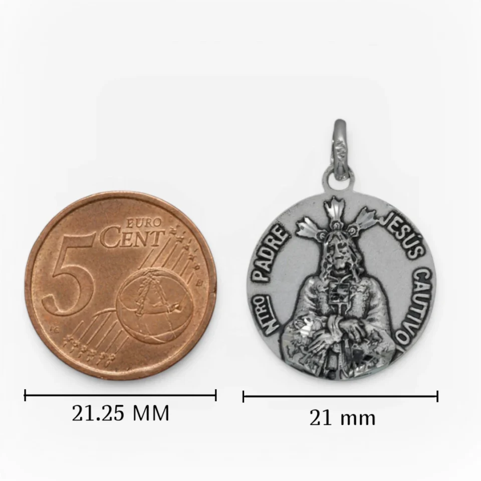 Medalla redonda en plata de ley 925 con la imagen en relieve de Nuestro Padre Jesús Cautivo tamaño aproximado moneda 5 centimos