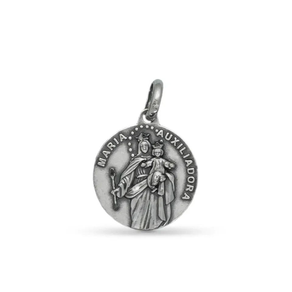 Medalla Virgen María Auxiliadora forma redonda en plata de ley