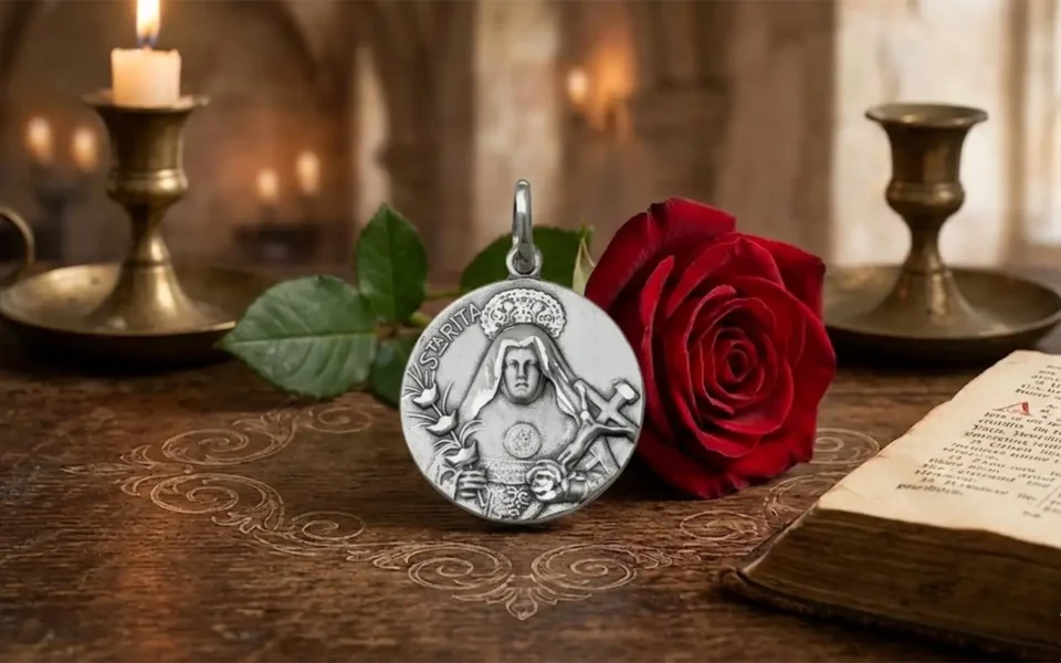 Medalla de plata de Santa Rita de Casia con rosas rojas en fondo de madera